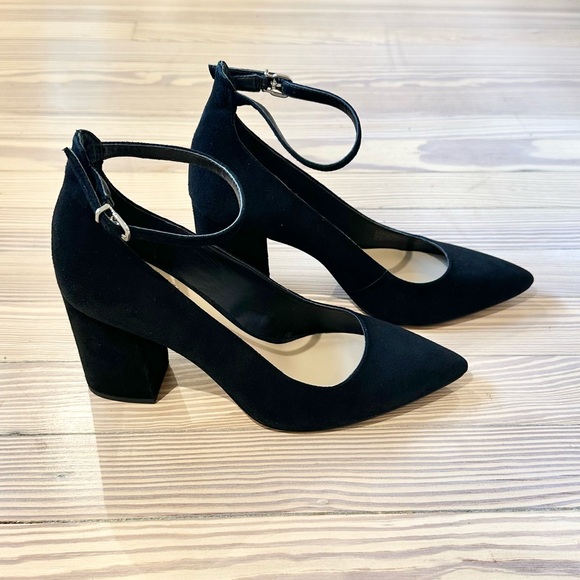 Saks Fifth Avenue Black Suede Heels with Ankle Strap-Pristine Condition. - Picture 1 of 8